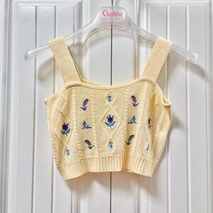 Knit Cottage Core Crop Top Cream - S